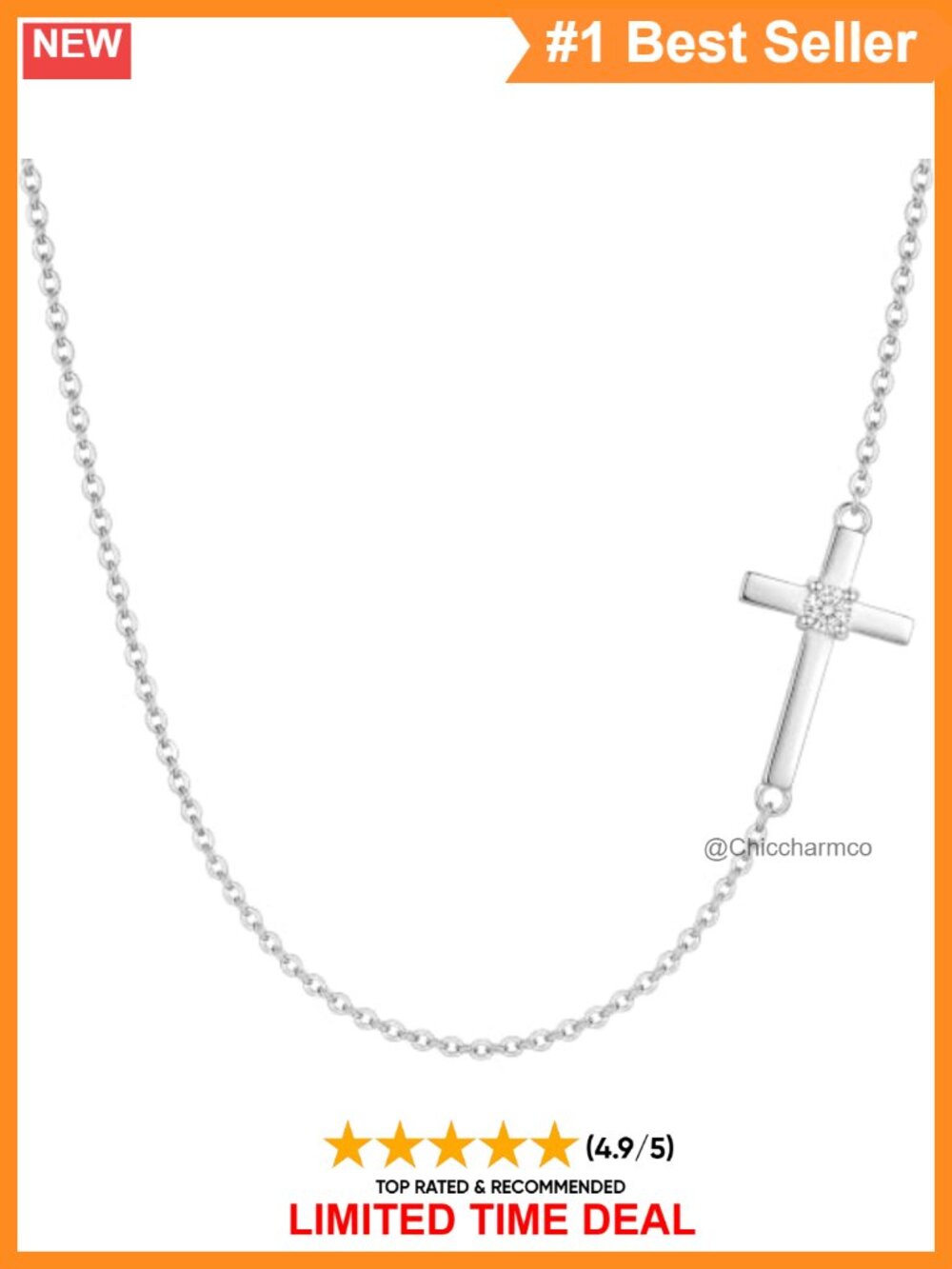 Sterling Silver Lab Grown Diamond Sideways Cross Choker Pendant Necklace